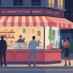 illustration concept alimentation sweet city supérette urbaine