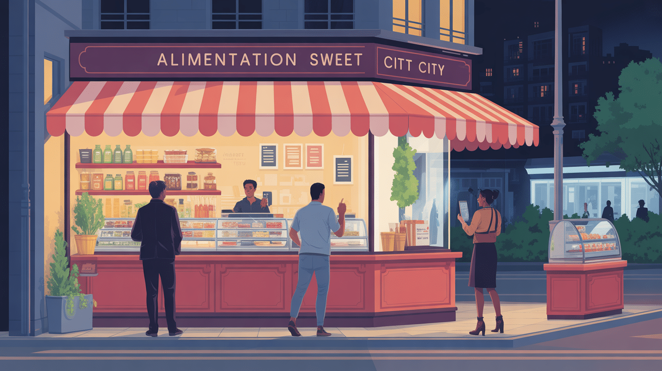 illustration concept alimentation sweet city supérette urbaine