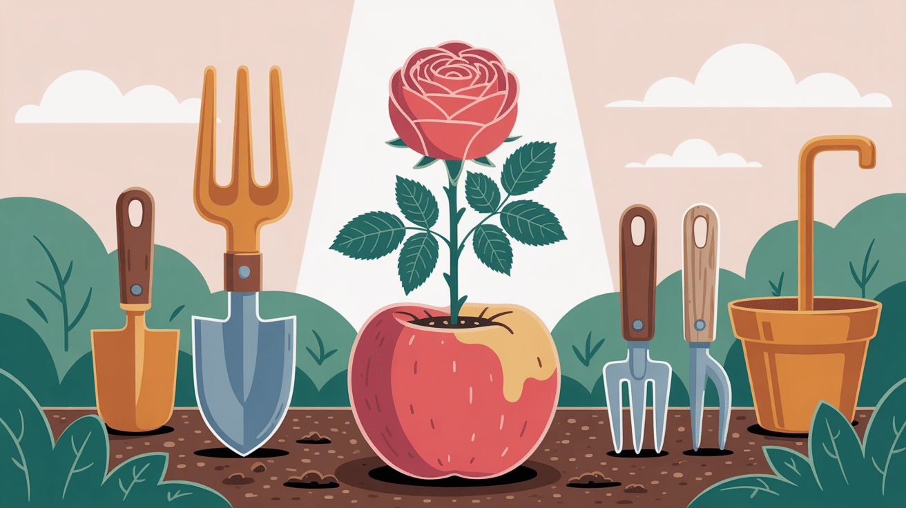 Bouture rosier pomme de terre sur illustration centrale jardin