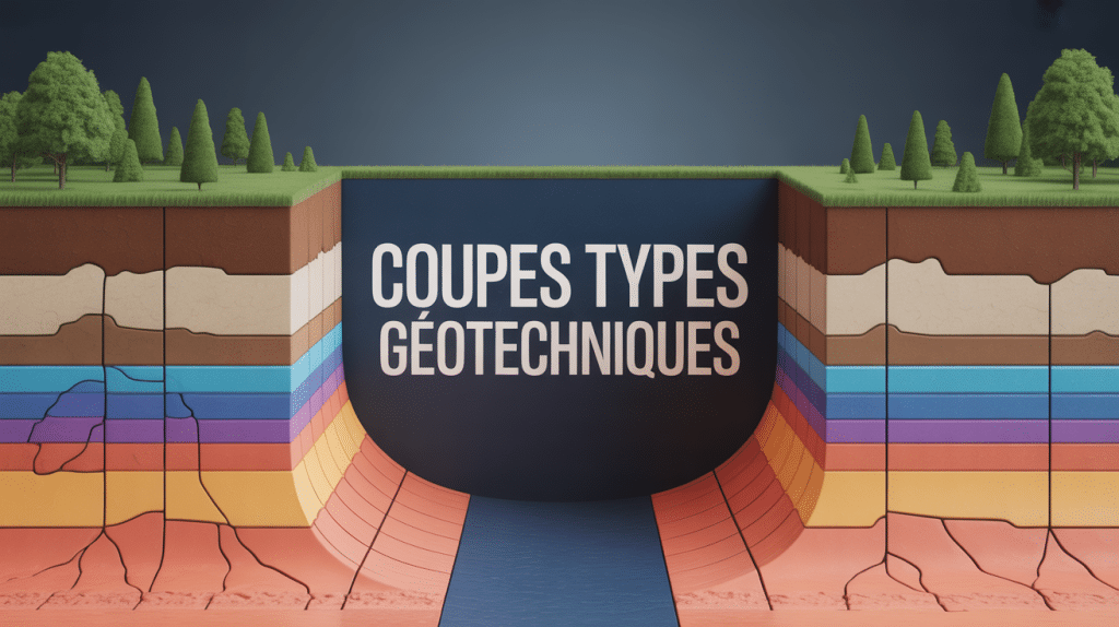 Coupe type géotechnique stylisée avec couches de sol et ouvrages