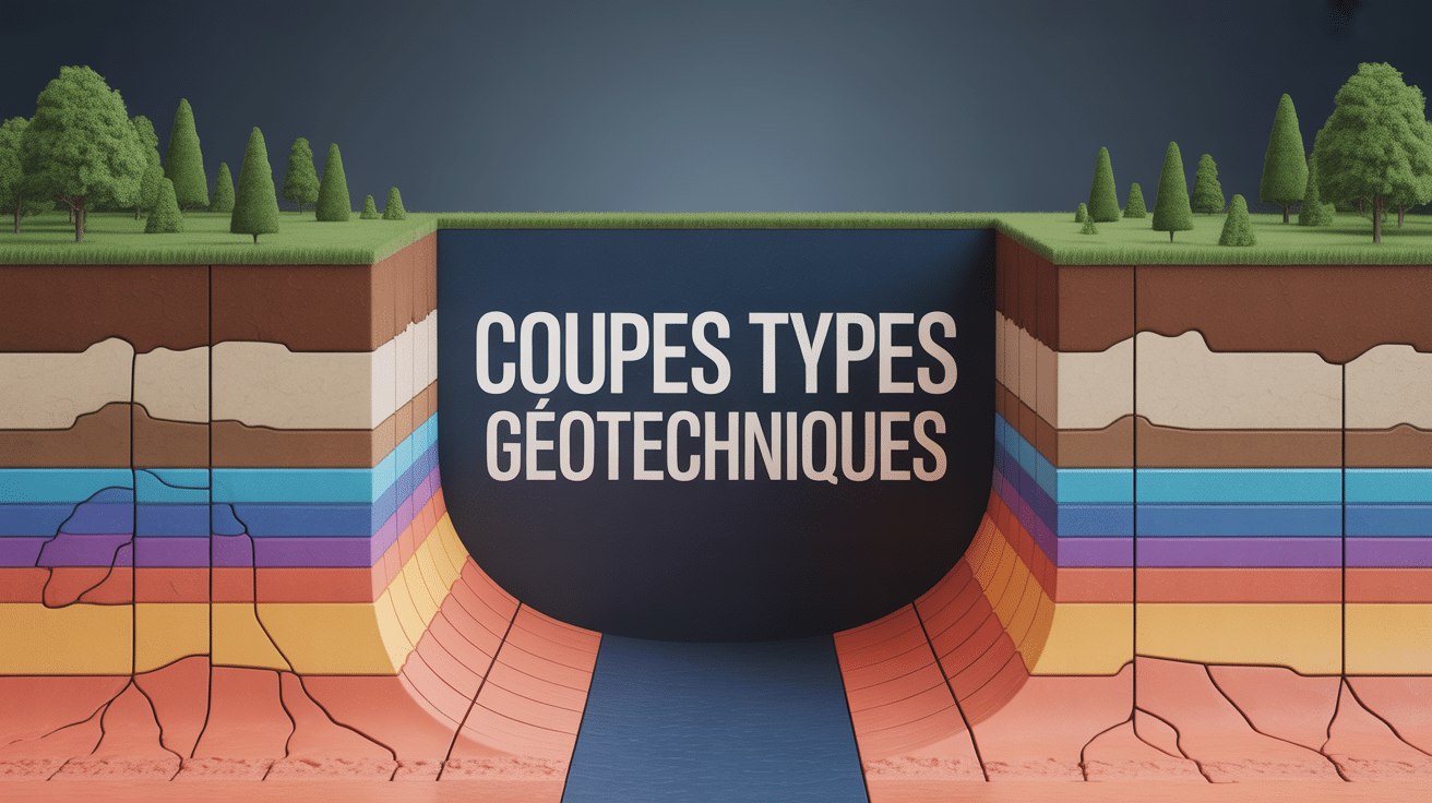 Coupe type géotechnique stylisée avec couches de sol et ouvrages