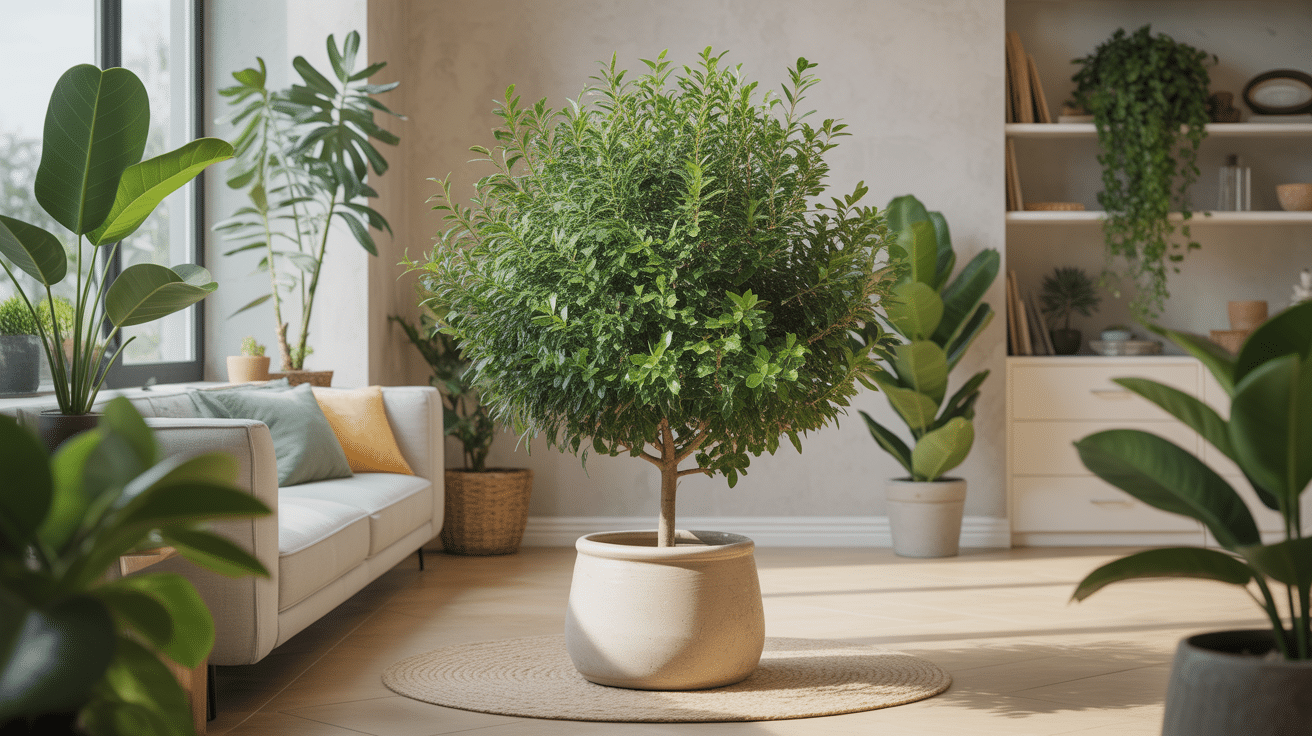 ficus cyathistipula plante d'intérieur au feuillage vert brillant dans pièce lumineuse