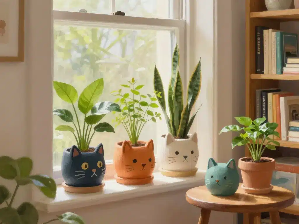 mise en scène deco plante tete de chat sur rebord de fenêtre et étagère