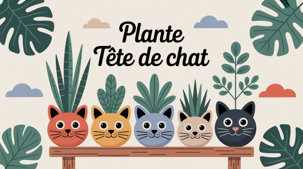 illustration pots plante tete de chat variés sur étagère