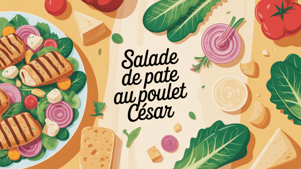 salade de pate au poulet cesar dans un grand saladier avec poulet, romaine, parmesan et croutons
