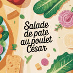 salade de pate au poulet cesar dans un grand saladier avec poulet, romaine, parmesan et croutons