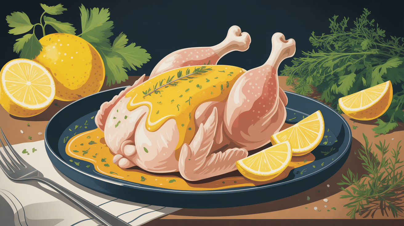 sauce au citron pour poulet avec citrons et herbes illustration