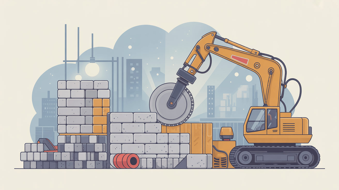 Illustration chantier pour couper du béton cellulaire avec outils