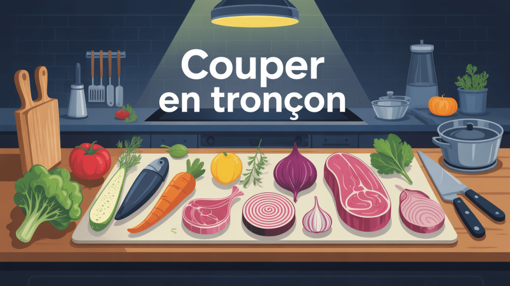 Découpe en tronçons de légumes, viande et poisson