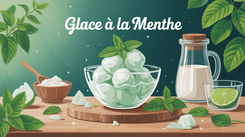 Illustration glace à la menthe maison, ingrédients et coupe