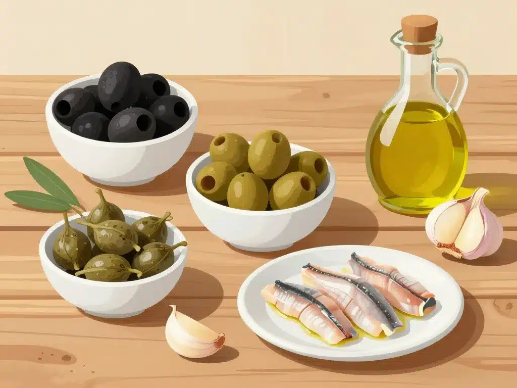 Ingrédients tapenade recette traditionnelle sur table méditerranéenne