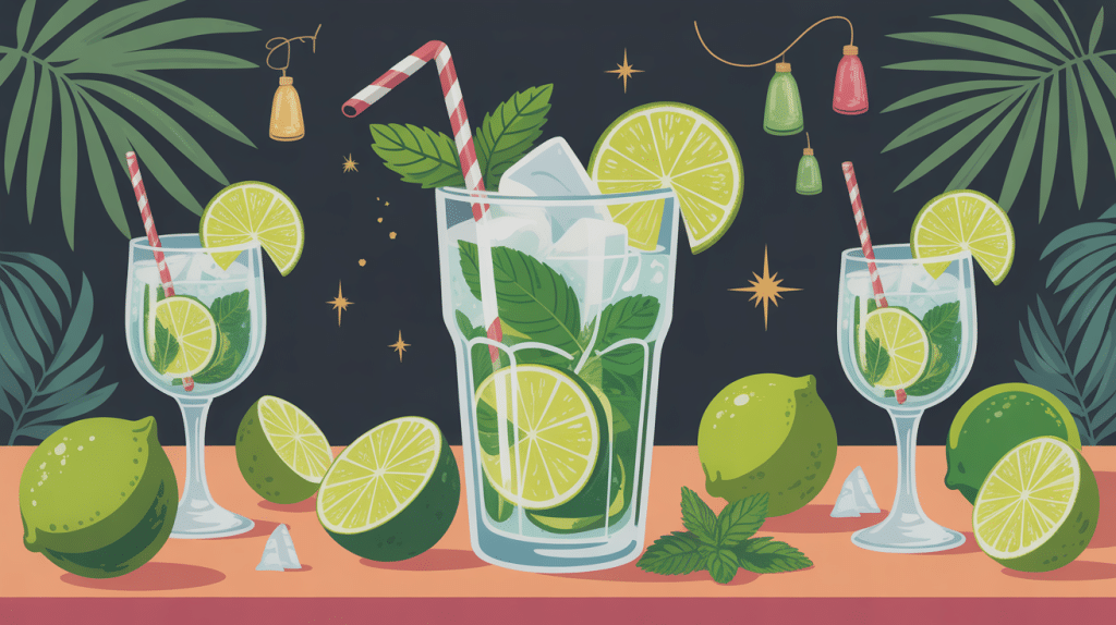 Recette mojito pour 10 personnes : grand pichet, verres, citron vert et menthe