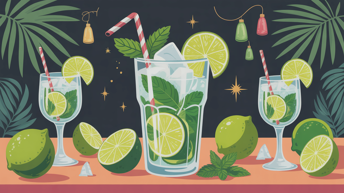 Recette mojito pour 10 personnes : grand pichet, verres, citron vert et menthe