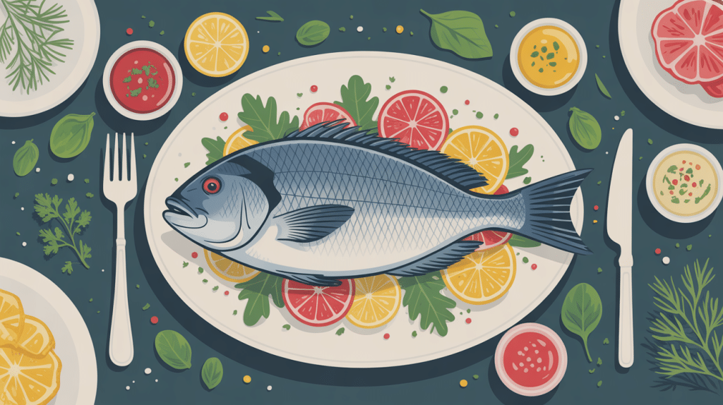 illustration sauce dorade poissons et herbes