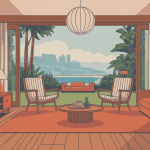 Salon ouvert maison californienne année 70 déco bois rotin