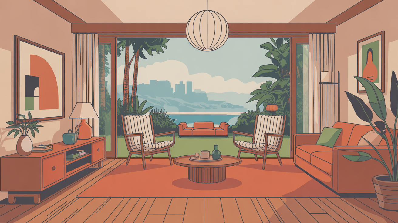 Salon ouvert maison californienne année 70 déco bois rotin