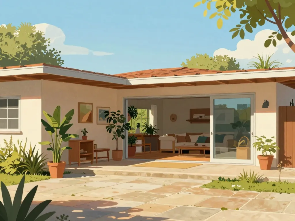 Plan ouvert maison californienne année 70 baies vitrées