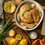 barbecue cuisine extérieure sur table bois avec ustensiles et poulet mariné