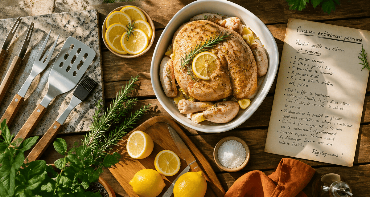 barbecue cuisine extérieure sur table bois avec ustensiles et poulet mariné