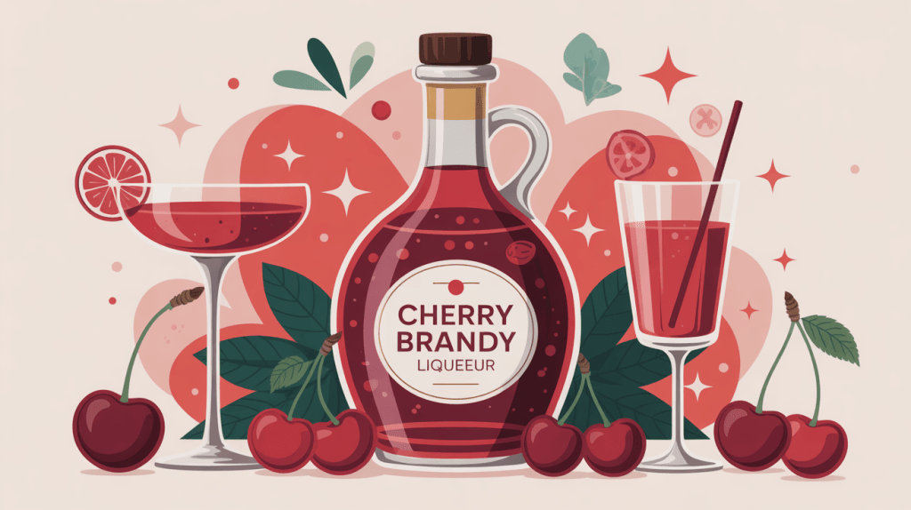 Illustration cherry brandy liqueur avec bouteille, cerises et ambiance élégante