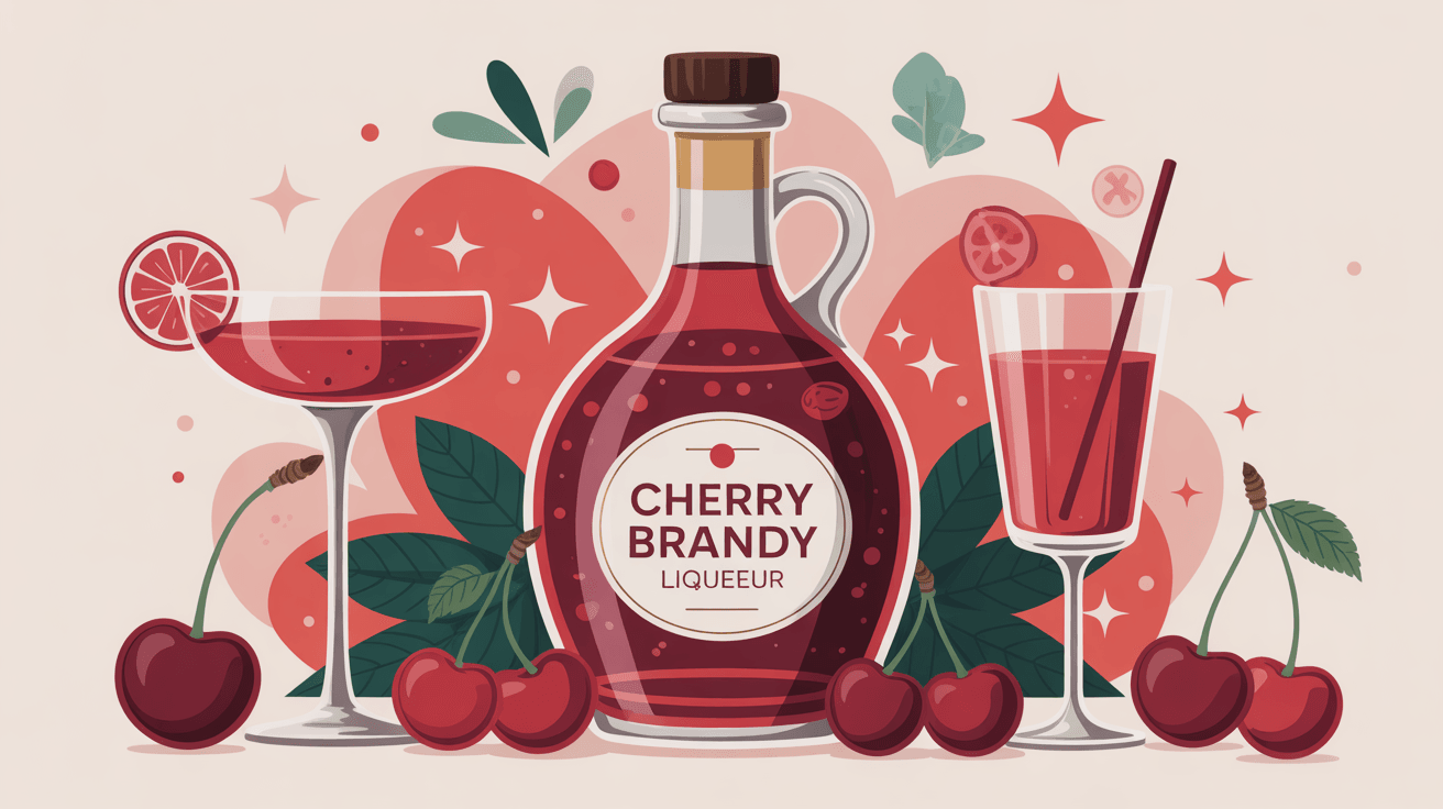 Illustration cherry brandy liqueur avec bouteille, cerises et ambiance élégante