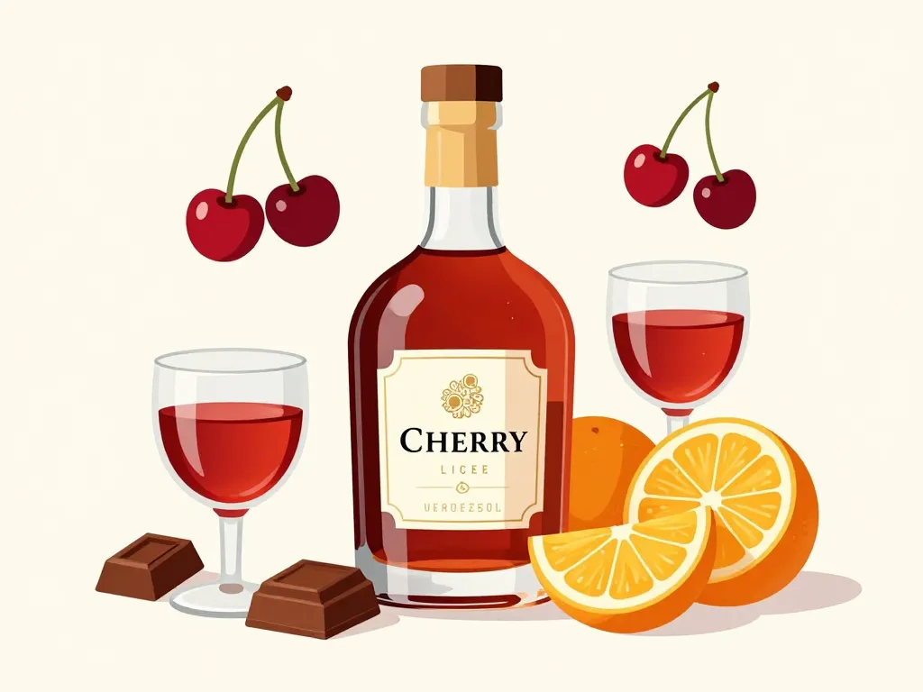 cherry brandy liqueur entourée de verres, chocolat et fruits