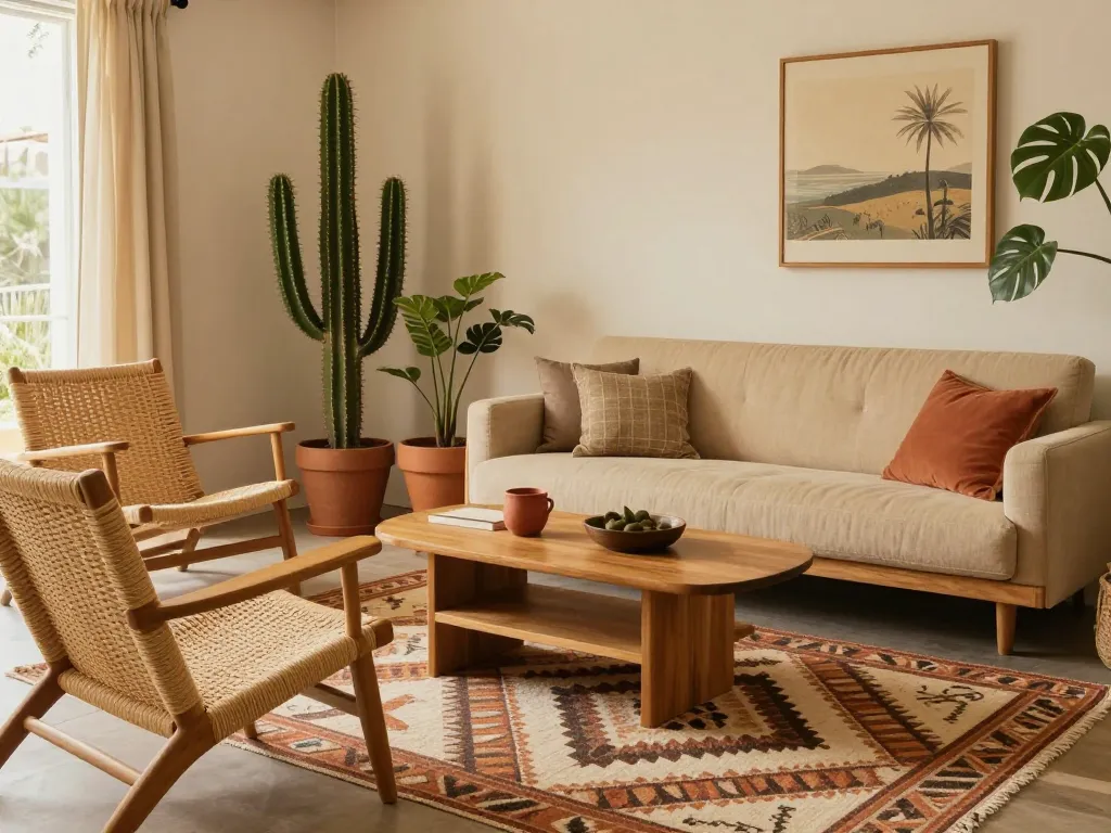 Déco vintage maison californienne année 70 mobilier rotin