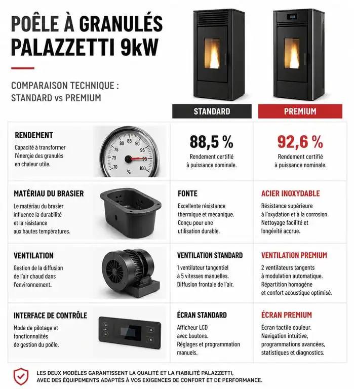Comparatif technique poêle à granulés Palazzetti 9kW Standard vs Premium