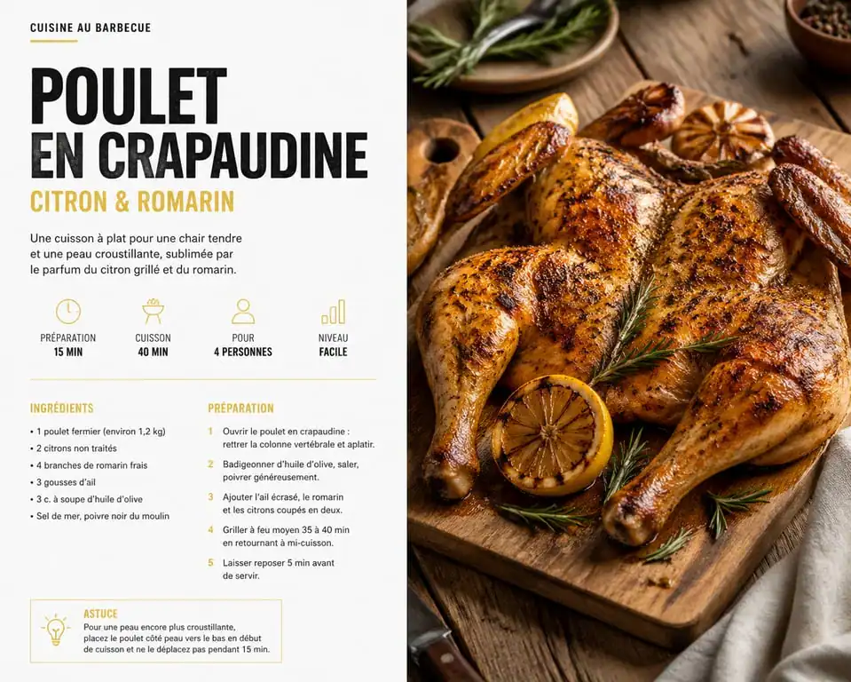 Poulet en crapaudine au citron et romarin cuit au barbecue dans une cuisine extérieure
