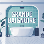 Grande baignoire centrale dans salle de bains moderne élégante