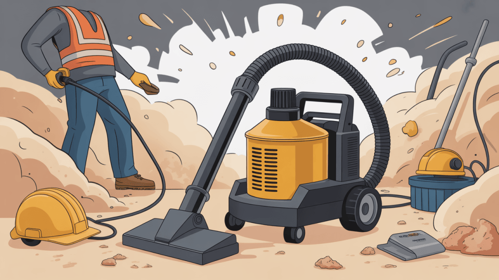 Scène dynamique avec meilleur aspirateur de chantier professionnel gravats et poussières
