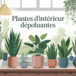 Illustration plantes d'interieur depolluante dans un salon moderne