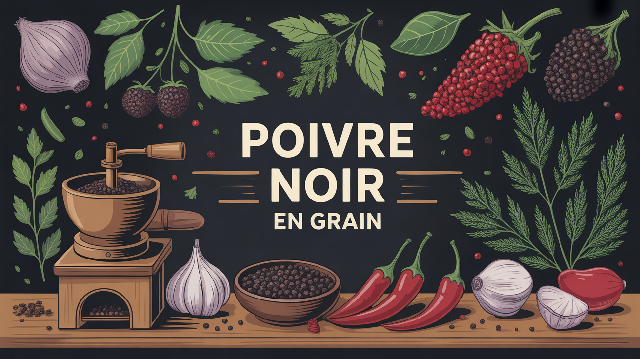 Illustration vectorielle de poivre noir en grain, moulin à poivre et arômes