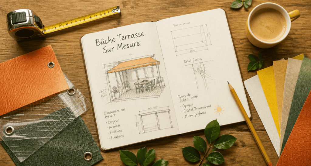 bache terrasse sur mesure croquis et échantillons