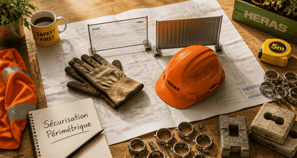Barriere heras grillagé et plein sur bureau de chantier