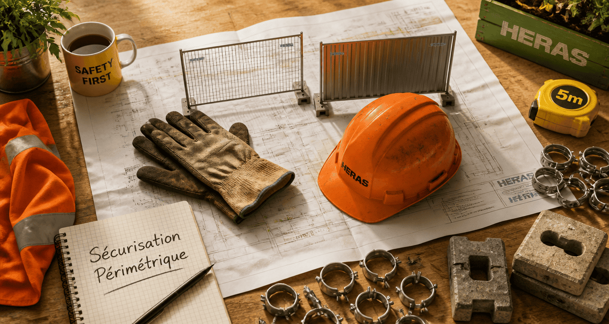 Barriere heras grillagé et plein sur bureau de chantier
