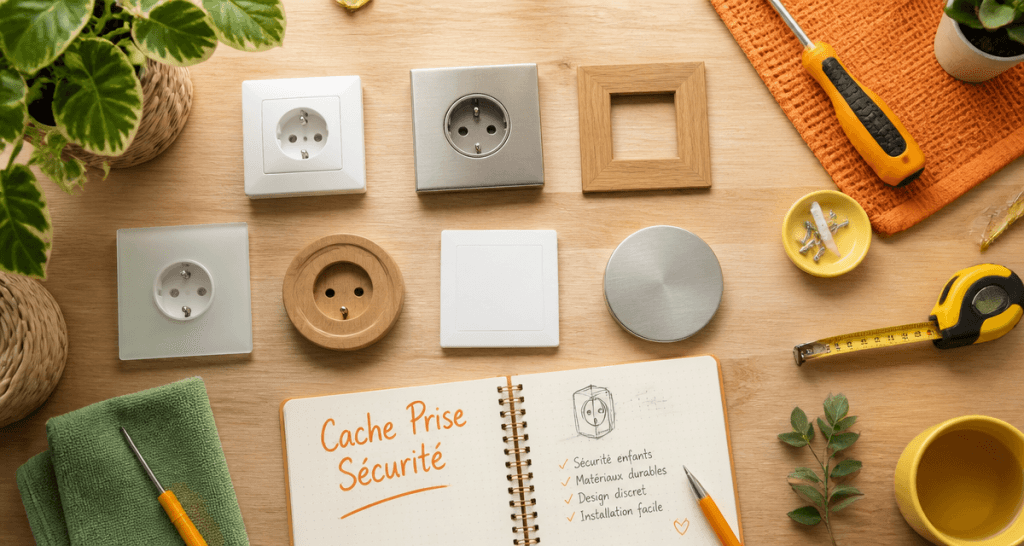 Caches prise de courant variés sur table avec outils