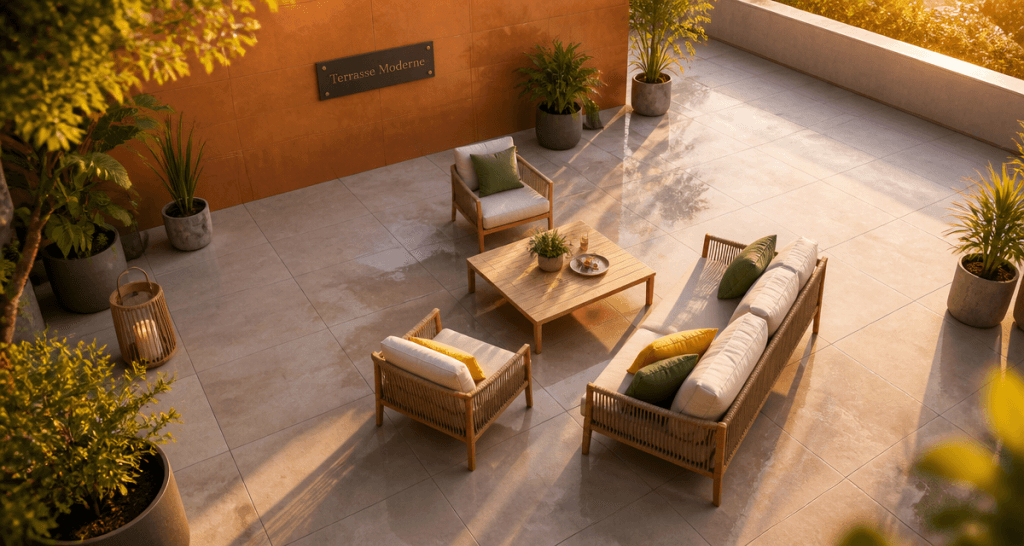 Carrelage terrasse moderne avec mobilier design