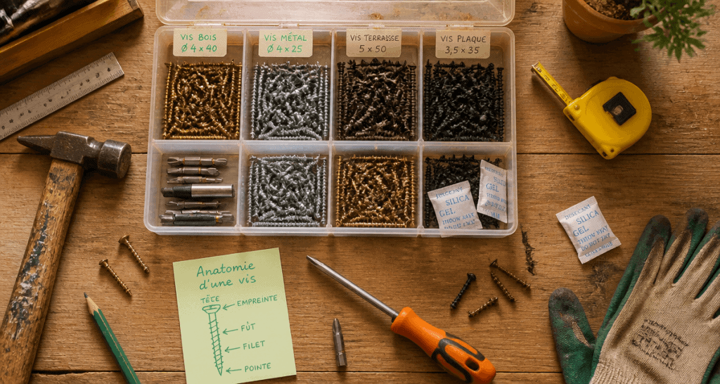 une vis des visses sur établi bois avec outils