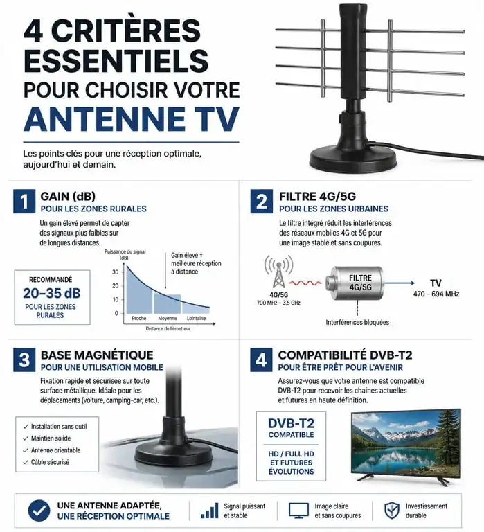 Infographie des critères de choix pour une antenne sans fil pour tv : gain, filtre 4G/5G, base magnétique et compatibilité DVB-T2.