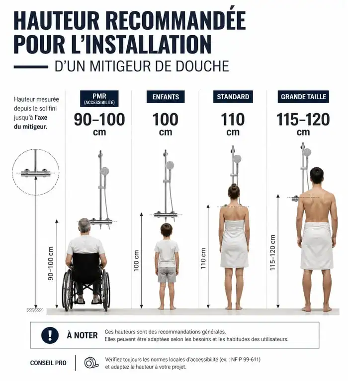Infographie des hauteurs recommandées pour l'installation d'un mitigeur de douche selon le profil utilisateur
