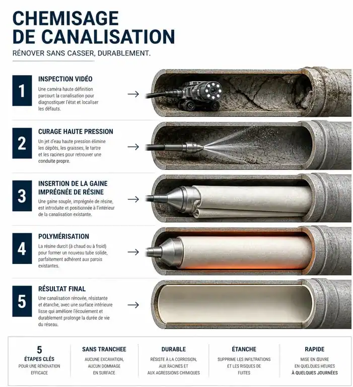 Schéma des étapes du chemisage de canalisation : de l'inspection à la polymérisation