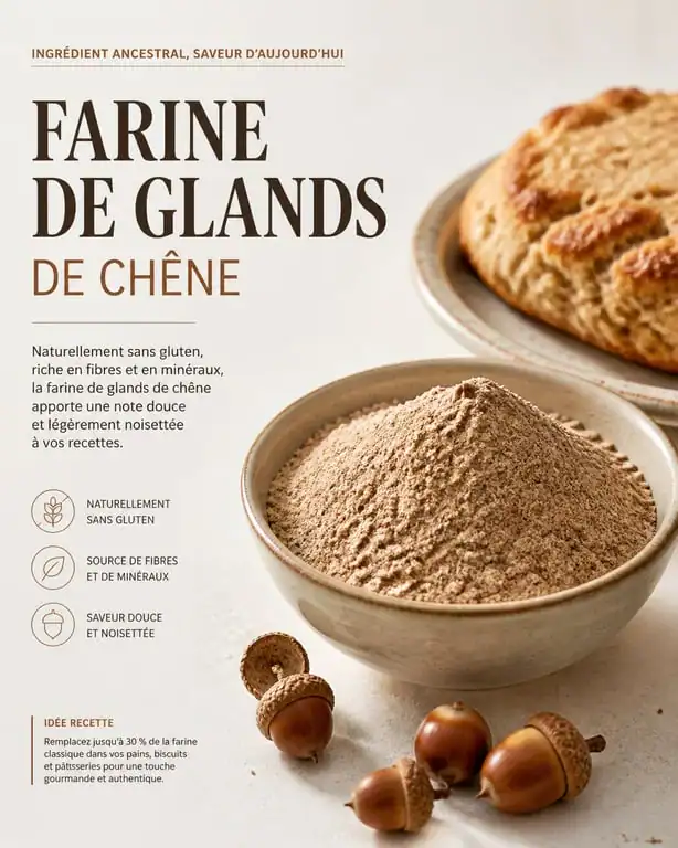 Farine de glands de chêne maison et glands entiers pour une recette de cuisine sauvage