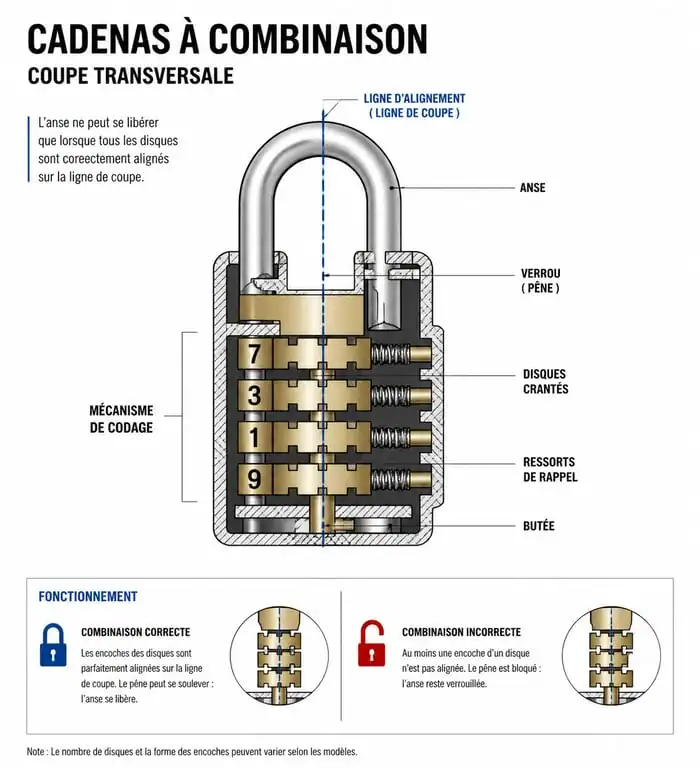 Schéma explicatif du fonctionnement interne d'un code cadenas avec disques crantés