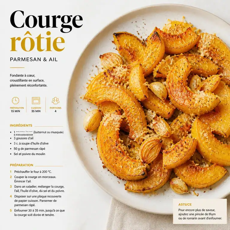 Recette de courge jaune rôtie au parmesan et à l'ail dans une assiette