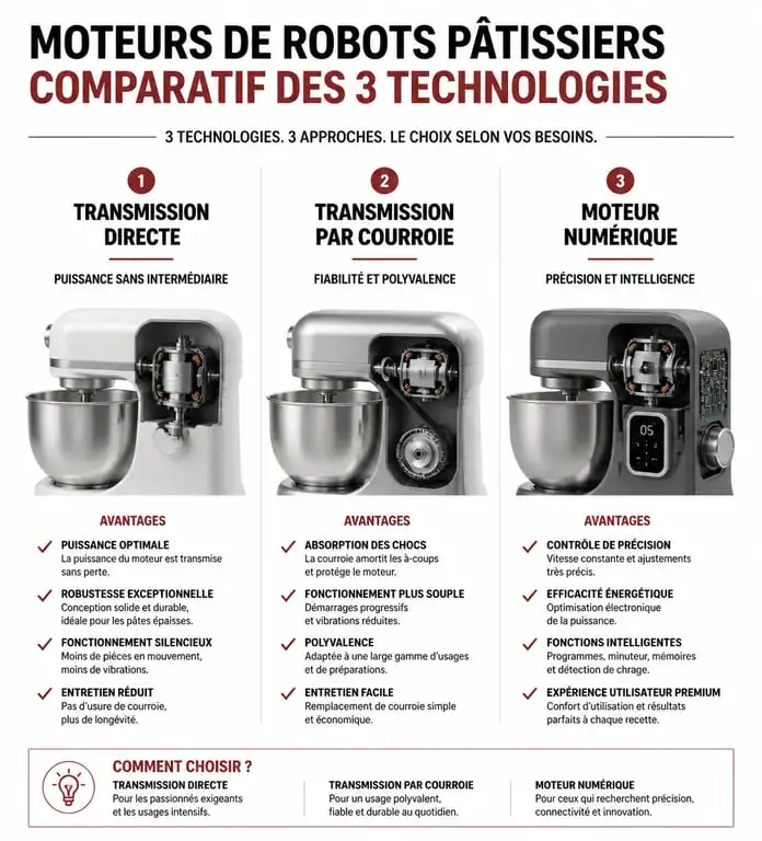 Infographie comparative des moteurs de robots pâtissiers pour choisir le meilleur modèle selon l'usage