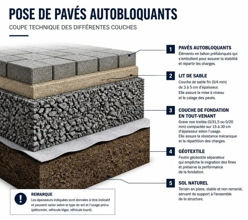 Coupe technique de la pose de pavés autobloquants pour une allée durable