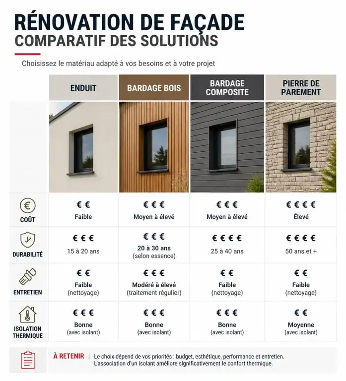 Infographie comparative des solutions pour rénover ou embellir sa façade : enduit, bardage et pierre de parement