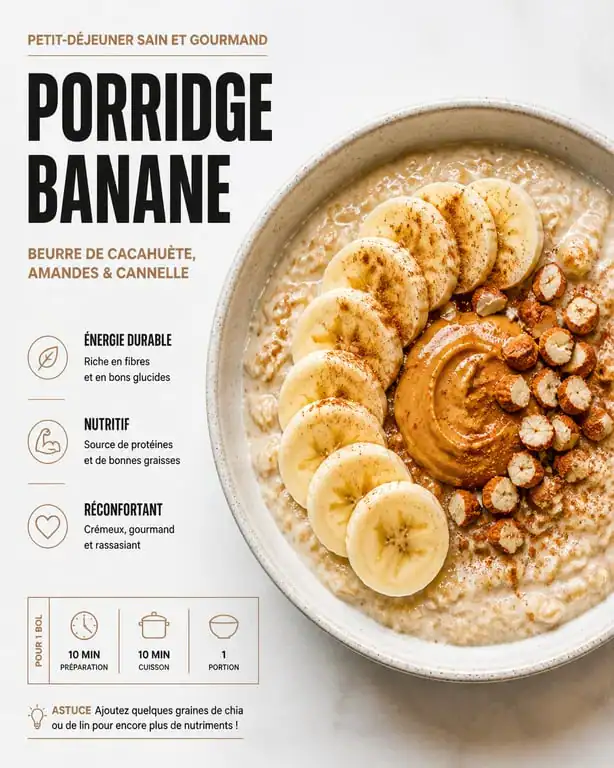 Recette de porridge crémeux à la banane et beurre de cacahuète dans un bol