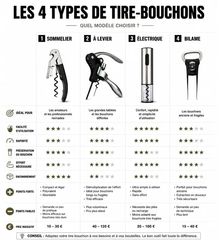 Infographie comparative des types de tire-bouchons pour choisir le meilleur tire-bouchon selon son usage